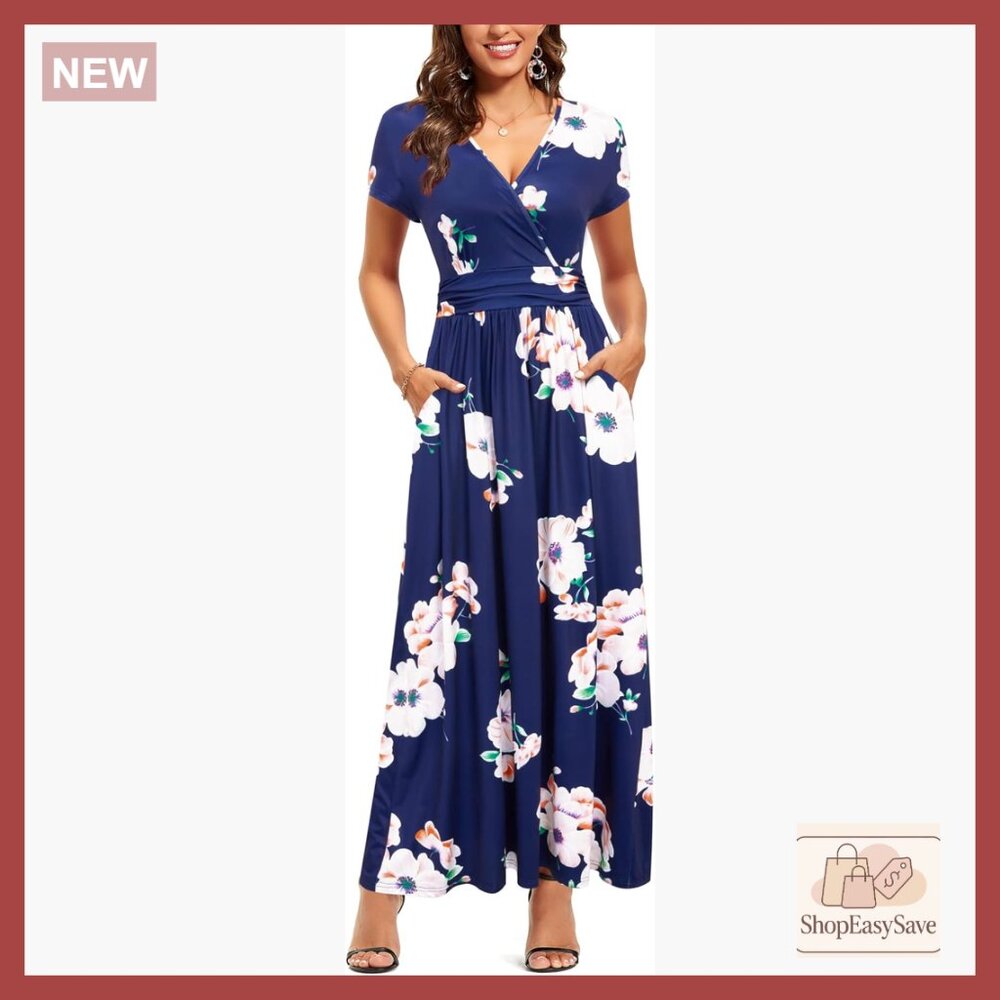 V-Neck Floral Maxi Dress with Pockets Wrap Style Summer Casual Elegant
